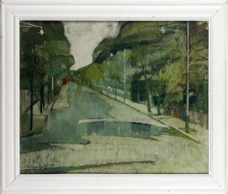 Artwork by J. Hutchinson, Street scene, Made of oil on board