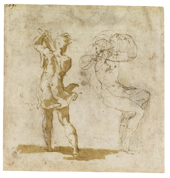 RECTO: STUDIES OF AN EXECUTIONER AND A SEATED FIGURE; VERSO: A FRAGMENT OF FIGURE STUDIES, AFTER RAPHAEL by Parmigianino