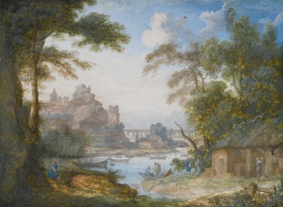 TWO RIVER LANDSCAPES: A) WITH MEN BY A SHED; B) WITH LADIES GATHERING FLOWERS by Pierre Antoine Patel