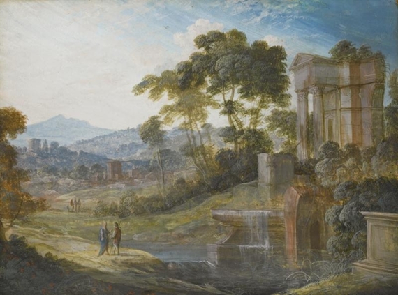 TWO LANDSCAPES WITH CLASSICAL RUINS: A) WITH TWO FIGURES CONVERSING TO THE LEFT; B) WITH BOATS DRAWN UP TO THE SHORE by Pierre Antoine Patel
