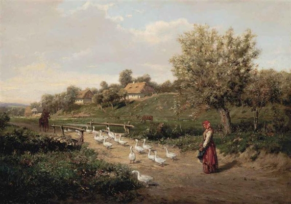 Droving geese across a bridge by Alexander Mroczkowski, 1888