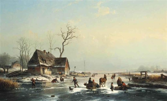Skaters on a Dutch waterway by a riverside town by Louis Smets, 1861