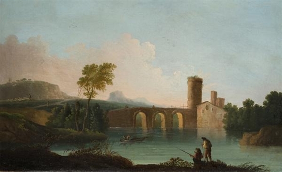 Ponte Milvio in Rome and River Landscape with a Bridge by Roman School, 19th Century