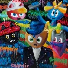 A colorful collage of stylized cartoon characters against a graffiti background.