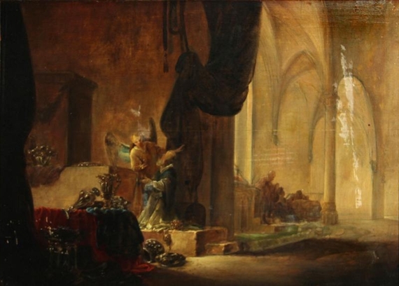 A Church Interior with an Angel and a Priest by Adriaen Verdoel