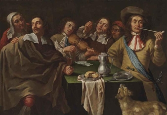 A tavern interior with soldiers merrymaking around a table - Gregorius Oosterlinck