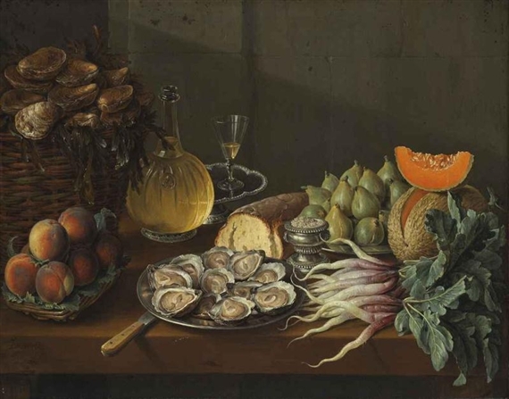 Le Déjeuner maigre: oysters, bread, wine, peaches, pears, melon, radishes, salt and figs on a table by Alexandre-François Desportes, 1739