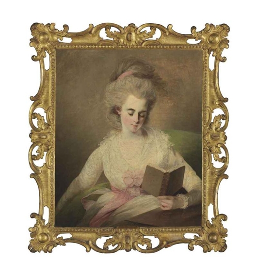 A young lady in a white dress with pink bows, seated at a table, reading a book by Matthew William Peters