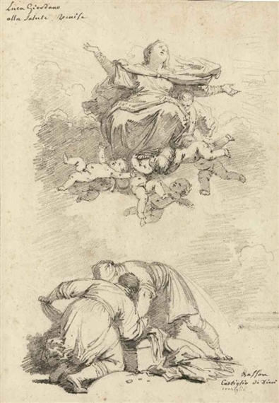 The Assumption of the Virgin, after Luca Giordano, and two figures, after Antonio Vassilacchi, l'Aliense by Jean-Honoré Fragonard