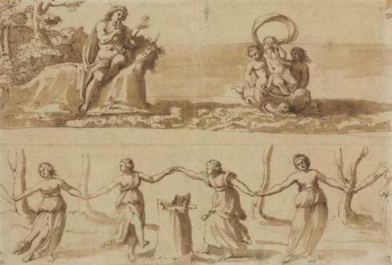 Acis playing his flute for Galatea, and a chain of nymphs dancing in a wooded clearing by Bolognese School, 17th Century