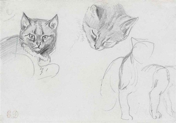 Two studies of a cat's head, with subsidiary sketches of a seated cat by Eugène Delacroix