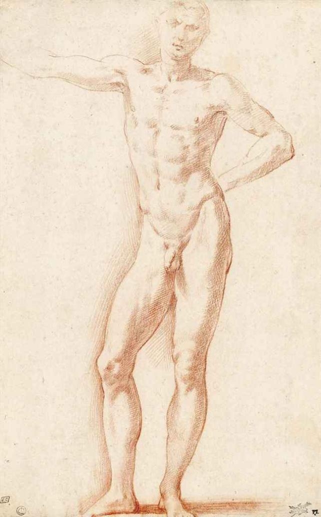Artwork by Parmigianino, A male nude, Made of red chalk