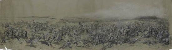 Artwork by Louis Braun, Two scenes from the Battle of Mars-La-Tour, Made of black chalk with white heightening on green paper