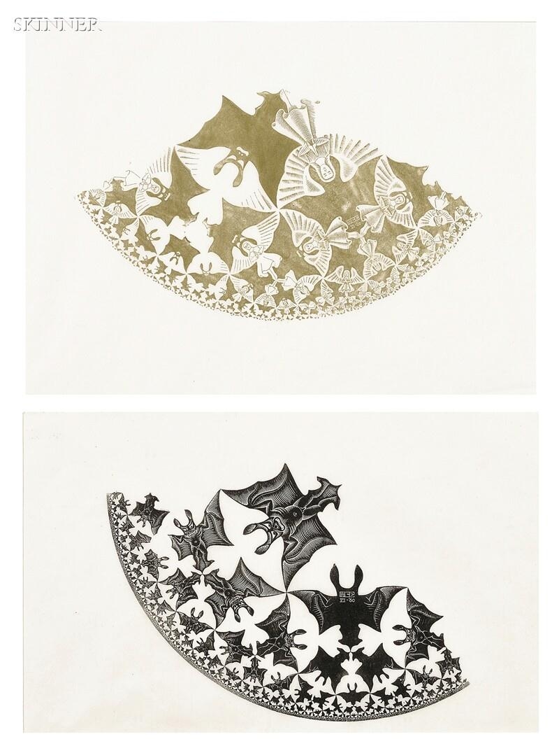 Artwork by Maurits Cornelis Escher, 2 Works: The Two Blocks for Circle Limit IV (Heaven and Hell), Made of Woodcuts