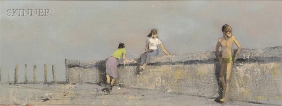 Three Figures at a Sea Wall by Robert R. Bliss, 1955