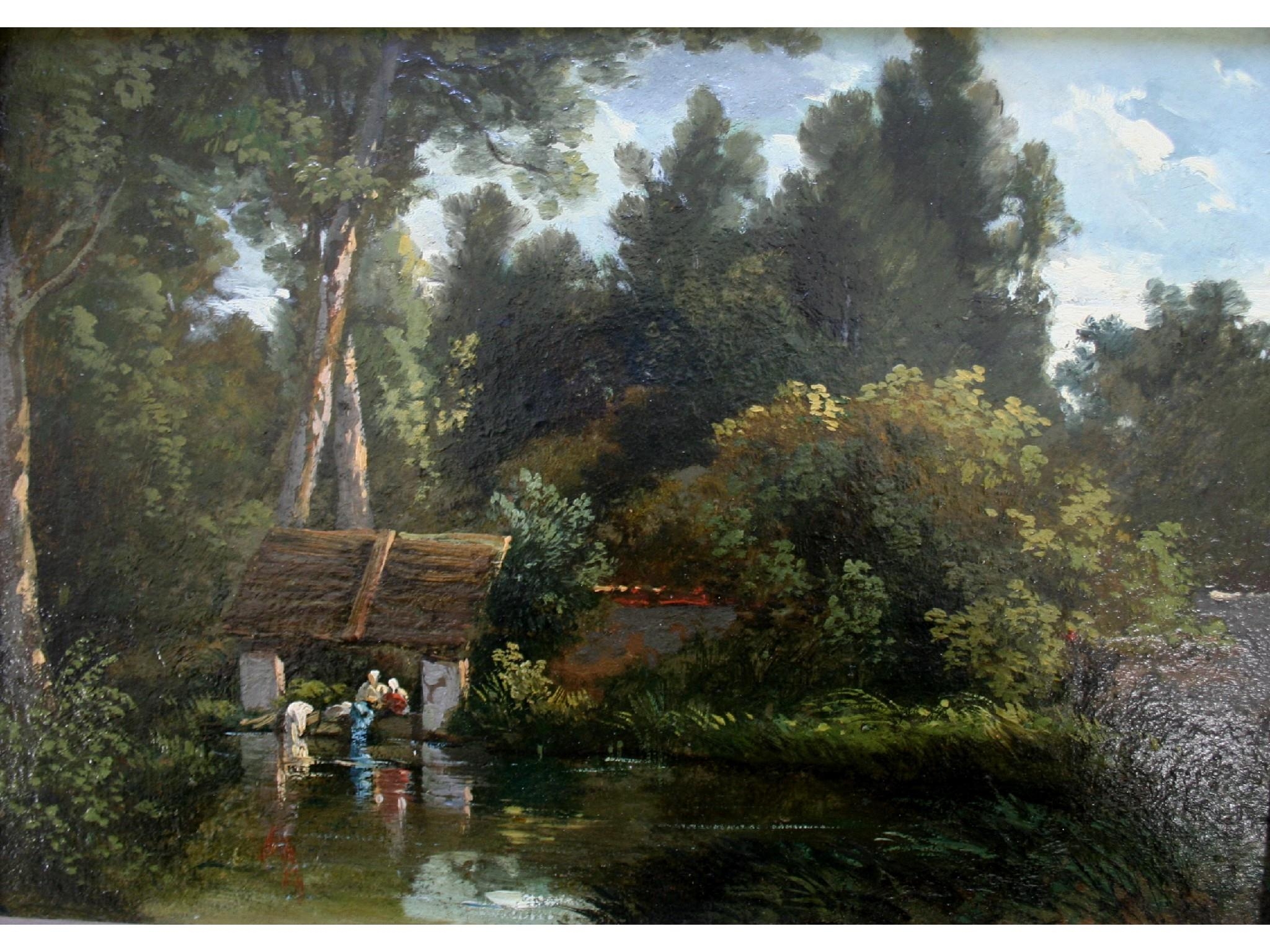 Léon Richet | FIGURES AT A WASH HOUSE BY A WOODED POOL | MutualArt