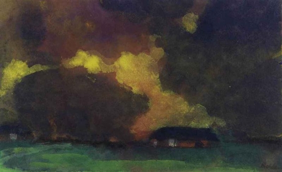 Marschlandschaft und Bauernhof unter hohem Himmel, Seebüll by Emil Nolde, circa 1940
