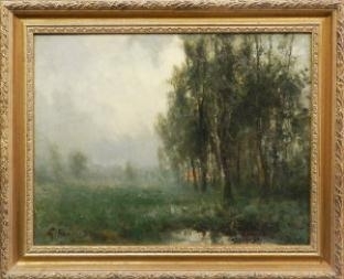 A woodland clearing on a misty day by George A. Boyle