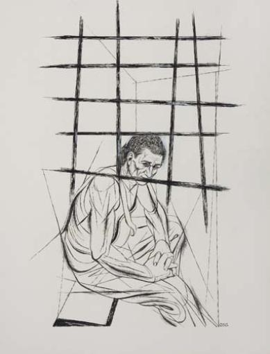 Artwork by Charles White, After Attempting to Escape, Frederick Douglass was Put in Jail, Made of Pen and ink over pencil with gouache