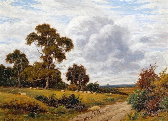 Sheep grazing in a field by a country lane by Thomas Spinks