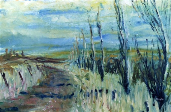 Landscape with tree lined pathway by Lawrence Marcuson
