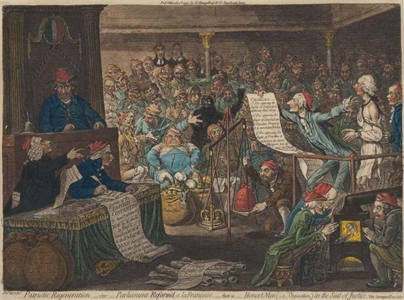 Patriotic Regeneration,-viz-Parliament Reform'd, a la Françoise,-that is,-Honest Man (i.e. Opposition) in the seat of Justice by James Gillray, 1795