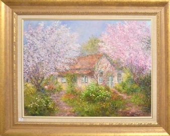 Cottage and Cherry Blossoms - Patricia Burke