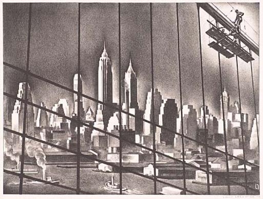 Through Brooklyn Bridge Cables by Louis Lozowick, 1938