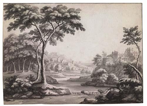 Artwork by German School, 18th Century, 2 works: Landscape with Castle Ruins in the Distance;  Landscape with a Wooden Bridge over a River, Made of pen and ink on vellum