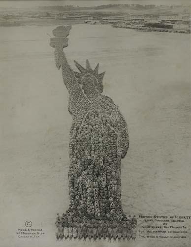 Human Statue of Liberty, 18,000 Officers and Men at Camp Dodge, Des Moines, Ia by Arthur Mole, John Thomas, Circa 1920