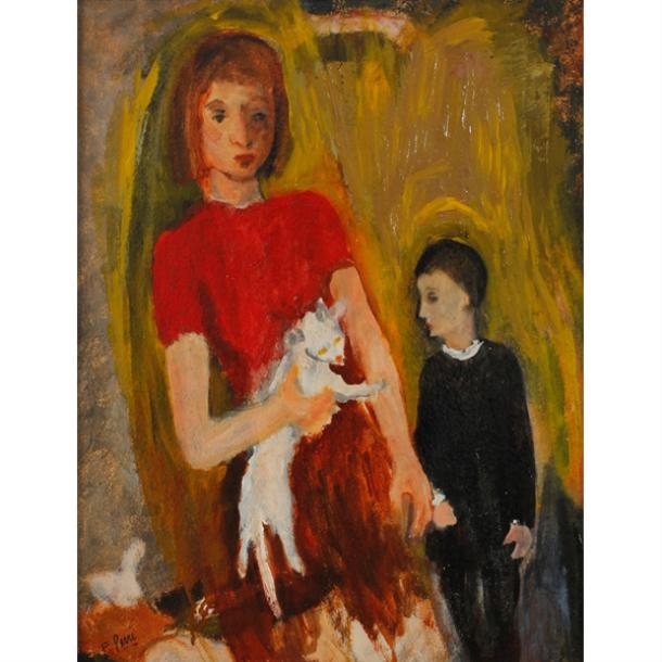Artwork by Frank Perri, Girl with Cat, Made of Oil on board