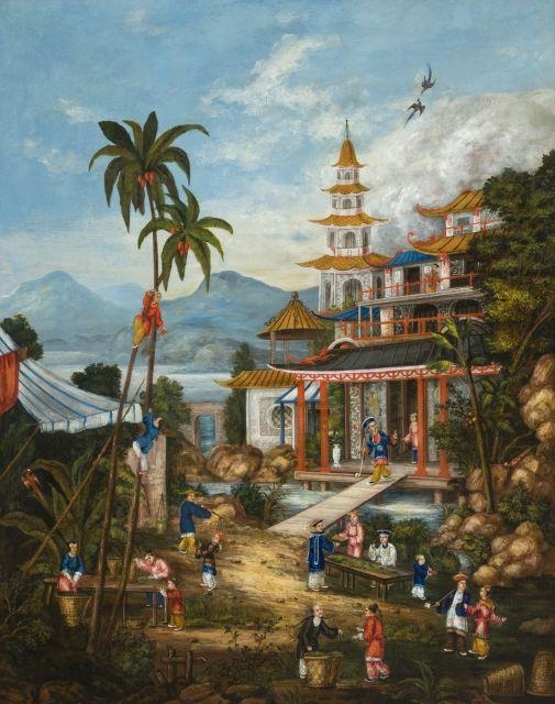 Continental School, 19th Century | Scène animée devant une pagode ...