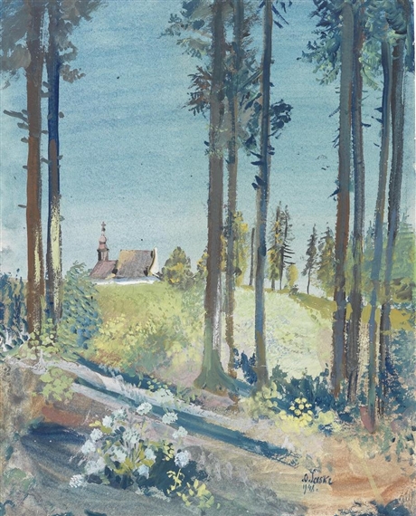 Edge of a forest, with a church in the background by Oskar Laske, 1948