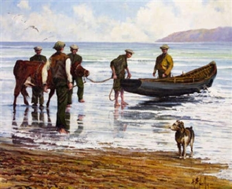 Figures with curragh, cow and dog - Anthony McNally