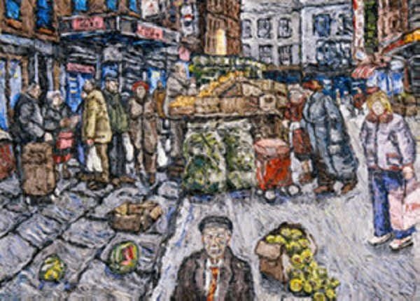 Artwork by Desmond Kenny, Moore Street, Made of Oil on board