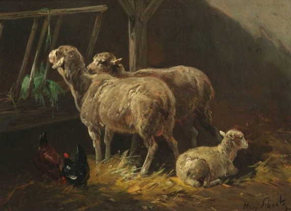 Sheep and chickens in the stable by Henry Schouten
