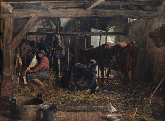 Farmer's wife at work in the stable by Jan C. Neervoort, 1922