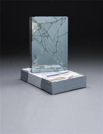 Artwork by Walead Beshty, FedEx Large Box, Priority Overnight, Los Angeles&#8211;New York (Tracking No. 799801787460), New York&#8211;Berlin (Tracking No. 865264191816), Berlin&#8211;London (Tracking No. 871691449968), Made of laminated glass, silicone, metal, FedEx shipping box, packing tape, and accrued FedEx tracking labels