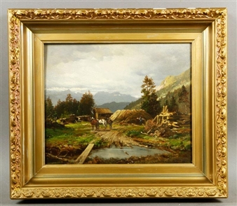 European Mountain Scene with Figures and Horses - Carl Newberg