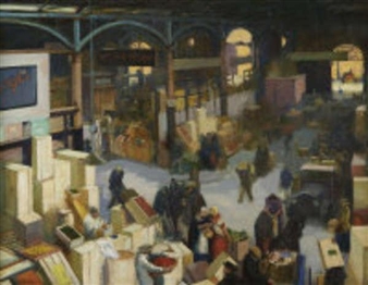 A bustling indoor market scene filled with crates, people, and arches under a moody atmosphere.