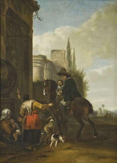 A horseman with his child resting at a ruin with beggars by Hendrick Verschuring