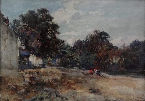 Summers day at Cramond (Edinburgh) Washer women at edge of River Almond by Joe Milne, 1997