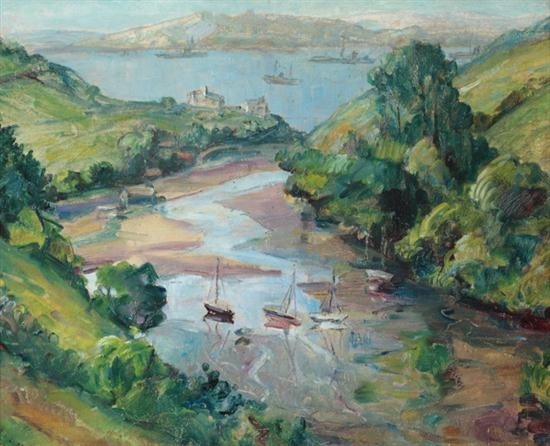 John Riddle | HARBOR VIEW WITH BATTLESHIPS (Circa 1915) | MutualArt
