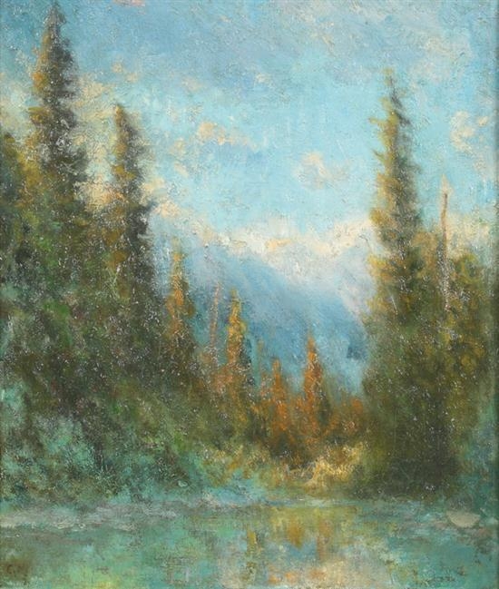 Artwork by Charles Vezin, IMPRESSIONIST WESTERN LANDSCAPE OF FIR TREES IN FOREGROUND WITH MOUNTAINS IN THE DISTANCE, Made of Oil on canvas