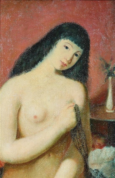 SEATED RAVEN-HAIRED FEMALE NUDE by Toffolo Anzil, Circa 1950