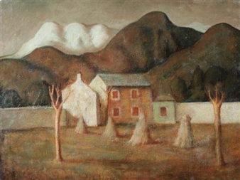 TWO-SIDED PAINTING; VIEW OF FARM FIELD/PARTIAL PORTRAIT OF FEMALE PLAYING A GUITAR - Toffolo Anzil