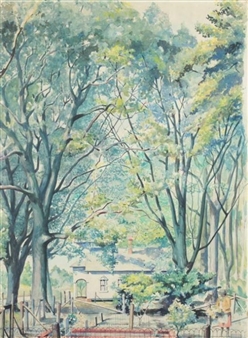 AFRICAN AMERICAN WOMAN STANDING IN A TREE- LINED CEMETERY NEXT TO A LARGE WHITE CHURCH - Charles Dawson