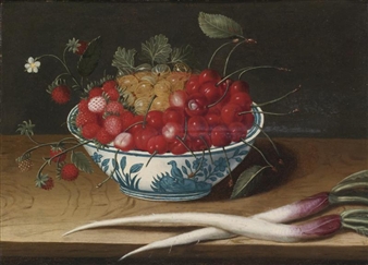 STILL LIFE WITH STRAWBERRIES, CHERRIES AND GOOSEBERRIES IN A BLUE AND WHITE PORCELAIN BOWL WITH TWO SALSIFY ROOTS, ALL RESTING ON A WOOD TABLE - Abraham Gibbens