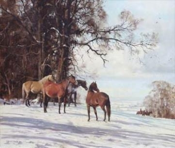Horses on the Enville Estate, Staffordshire by Walter Robin Jennings, 1972