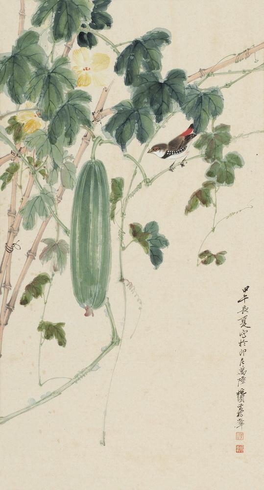 Artwork by Huang Dufeng, LOOFAH AND BIRD, Made of Hanging scroll,Ink and colour on paper